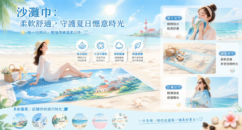 景區夏日紀念品優選，沙灘三件套禮品套裝